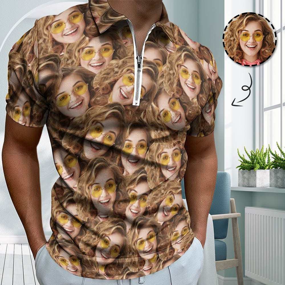 Custom #Plus-Size Custom Face Seamless Selfie Men's Short Sleeve Polo Shirt Personalized Zipper All Over Print Golf Shirt - YesCustom