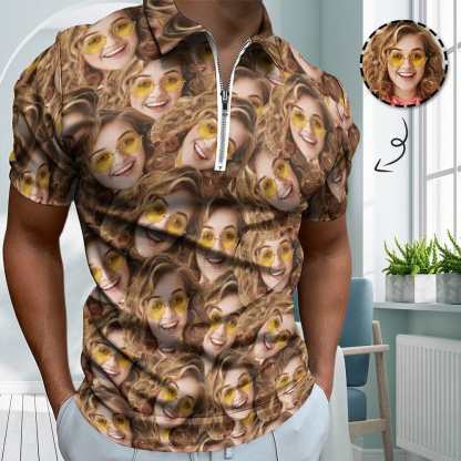 Custom #Plus-Size Custom Face Seamless Selfie Men's Short Sleeve Polo Shirt Personalized Zipper All Over Print Golf Shirt - YesCustom