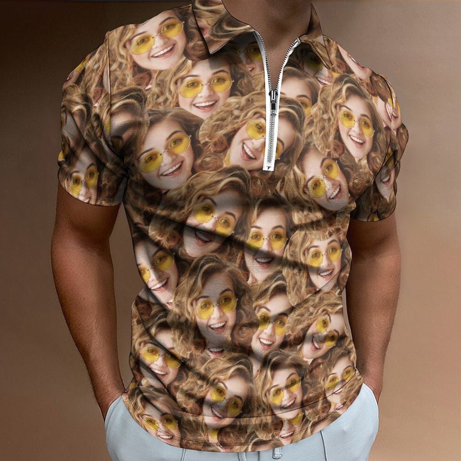 Custom #Plus-Size Custom Face Seamless Selfie Men's Short Sleeve Polo Shirt Personalized Zipper All Over Print Golf Shirt - YesCustom