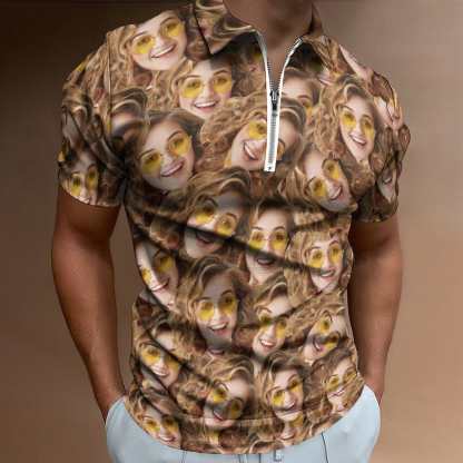 Custom #Plus-Size Custom Face Seamless Selfie Men's Short Sleeve Polo Shirt Personalized Zipper All Over Print Golf Shirt - YesCustom