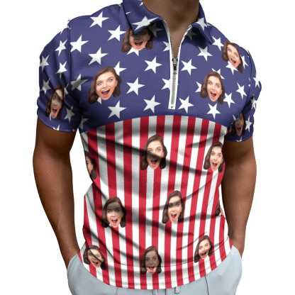Custom #Plus-Size Custom Face US Flag Men's Short Sleeve Polo Shirt Personalized Zipper All Over Print Golf Shirt - YesCustom