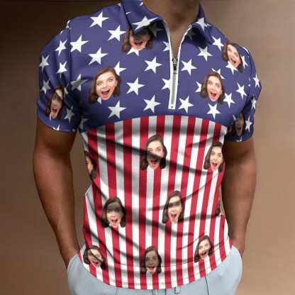Custom #Plus-Size Custom Face US Flag Men's Short Sleeve Polo Shirt Personalized Zipper All Over Print Golf Shirt - YesCustom