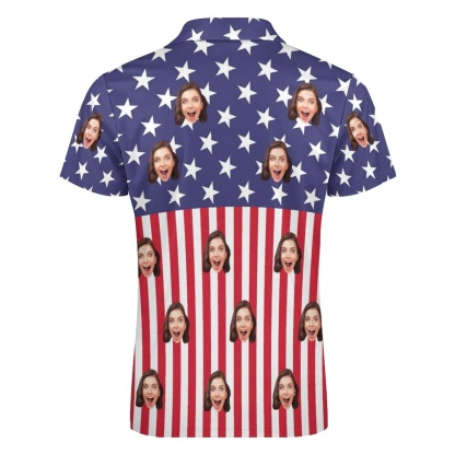 Custom #Plus-Size Custom Face US Flag Men's Short Sleeve Polo Shirt Personalized Zipper All Over Print Golf Shirt - YesCustom