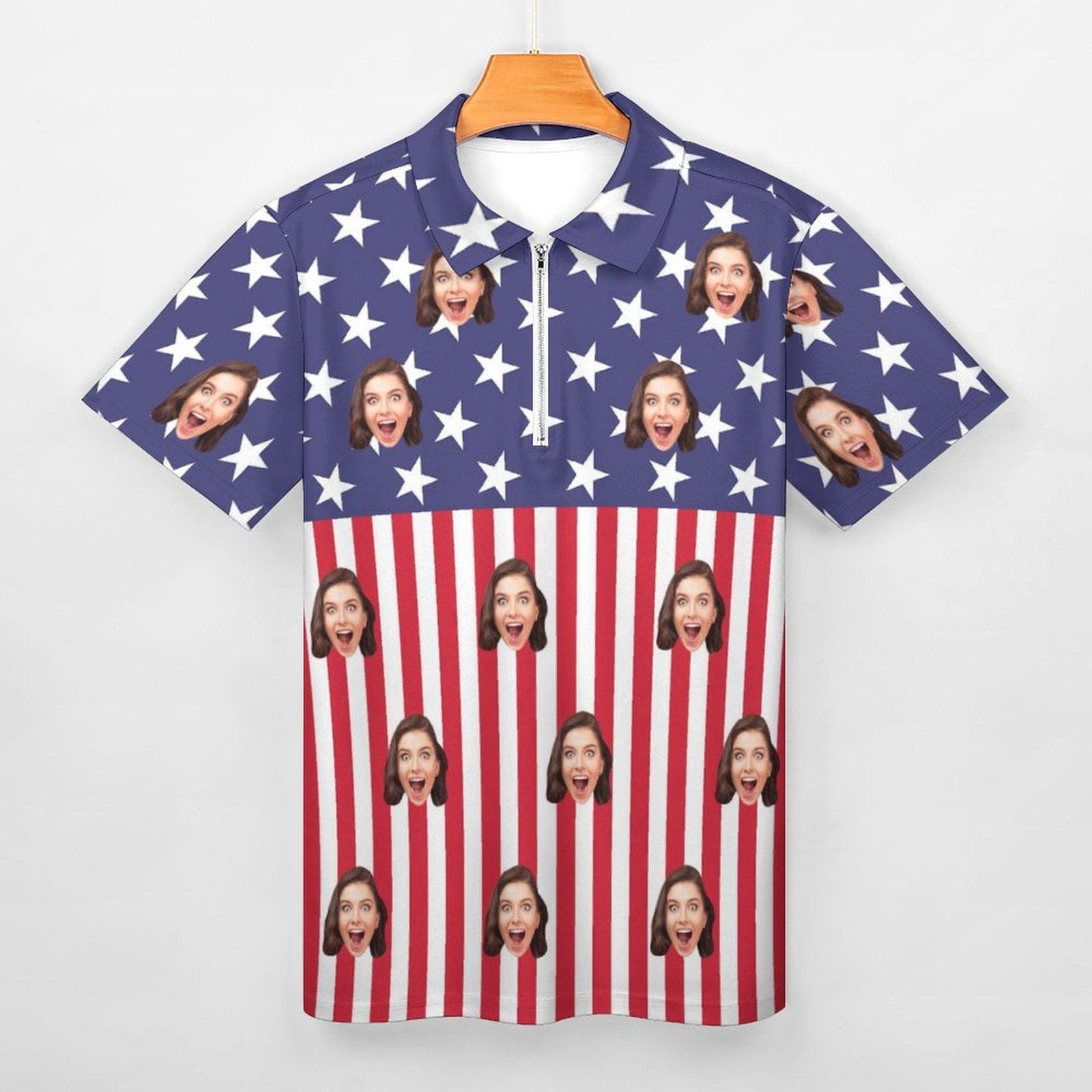 Custom #Plus-Size Custom Face US Flag Men's Short Sleeve Polo Shirt Personalized Zipper All Over Print Golf Shirt - YesCustom