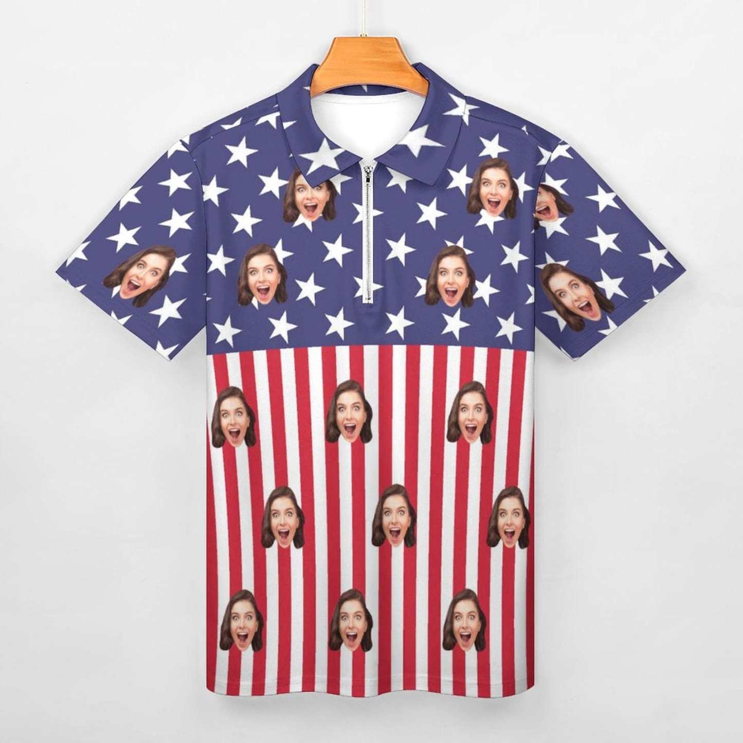 Custom #Plus-Size Custom Face US Flag Men's Short Sleeve Polo Shirt Personalized Zipper All Over Print Golf Shirt - YesCustom