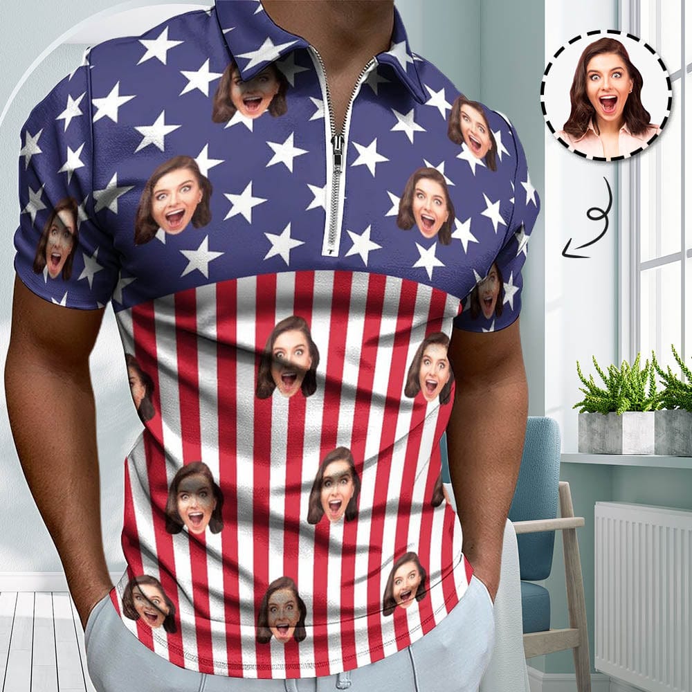 Custom #Plus-Size Custom Face US Flag Men's Short Sleeve Polo Shirt Personalized Zipper All Over Print Golf Shirt - YesCustom