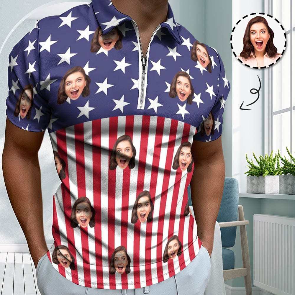 Custom #Plus-Size Custom Face US Flag Men's Short Sleeve Polo Shirt Personalized Zipper All Over Print Golf Shirt - YesCustom