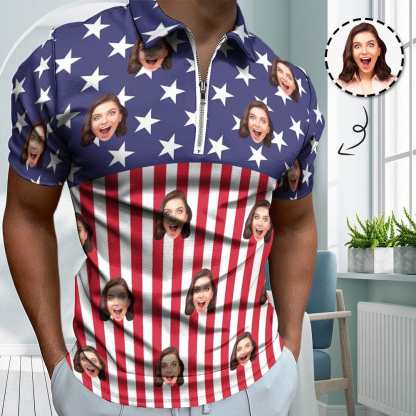 Custom #Plus-Size Custom Face US Flag Men's Short Sleeve Polo Shirt Personalized Zipper All Over Print Golf Shirt - YesCustom