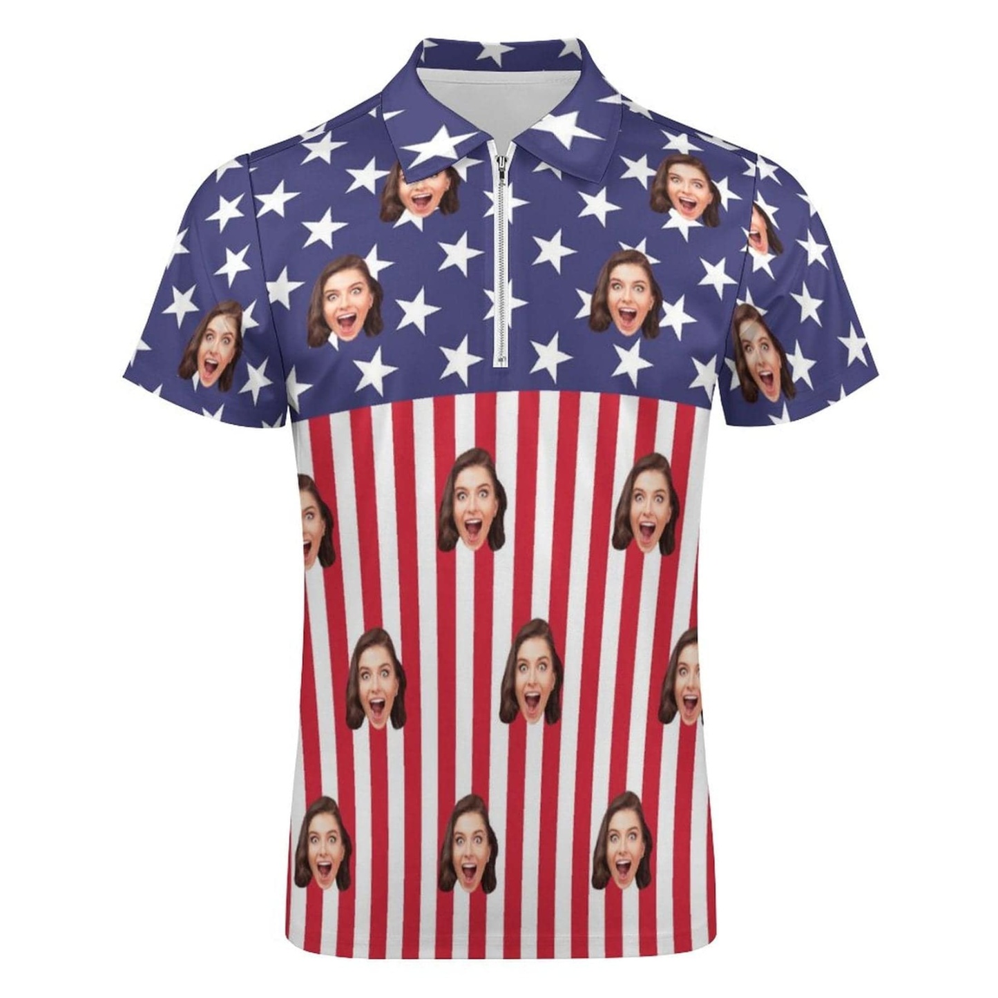 Custom #Plus-Size Custom Face US Flag Men's Short Sleeve Polo Shirt Personalized Zipper All Over Print Golf Shirt - YesCustom