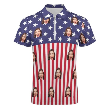 Custom #Plus-Size Custom Face US Flag Men's Short Sleeve Polo Shirt Personalized Zipper All Over Print Golf Shirt - YesCustom