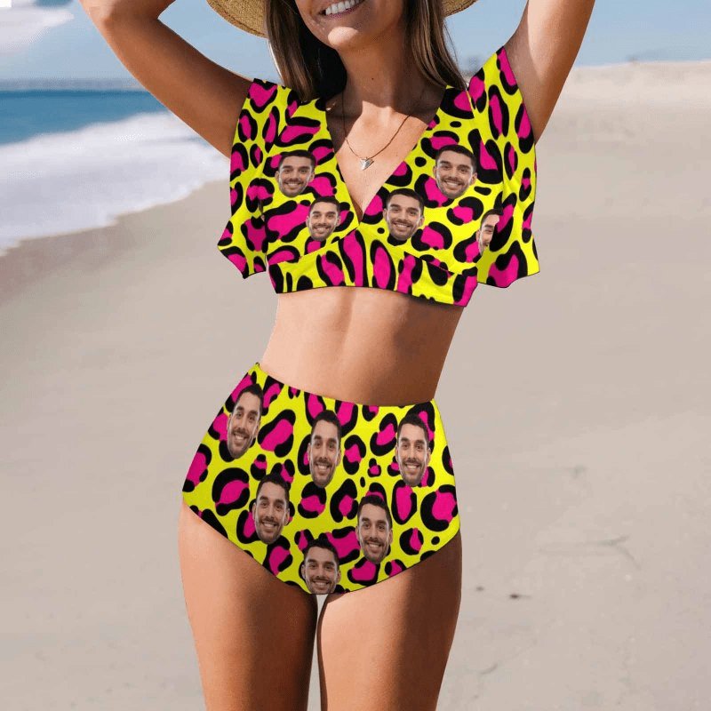 Custom #Plus Size Custom Face Yellow and Pink Leopard Women Ruffle High Waisted Flounce Bikini Set Two Pieces Swimsuit Beachwear - YesCustom