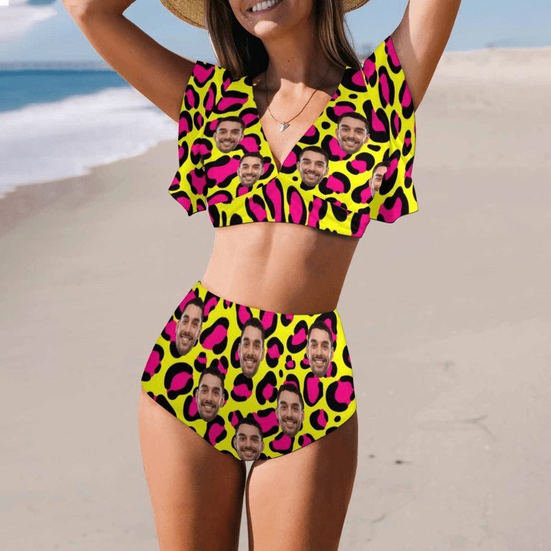Custom #Plus Size Custom Face Yellow and Pink Leopard Women Ruffle High Waisted Flounce Bikini Set Two Pieces Swimsuit Beachwear - YesCustom