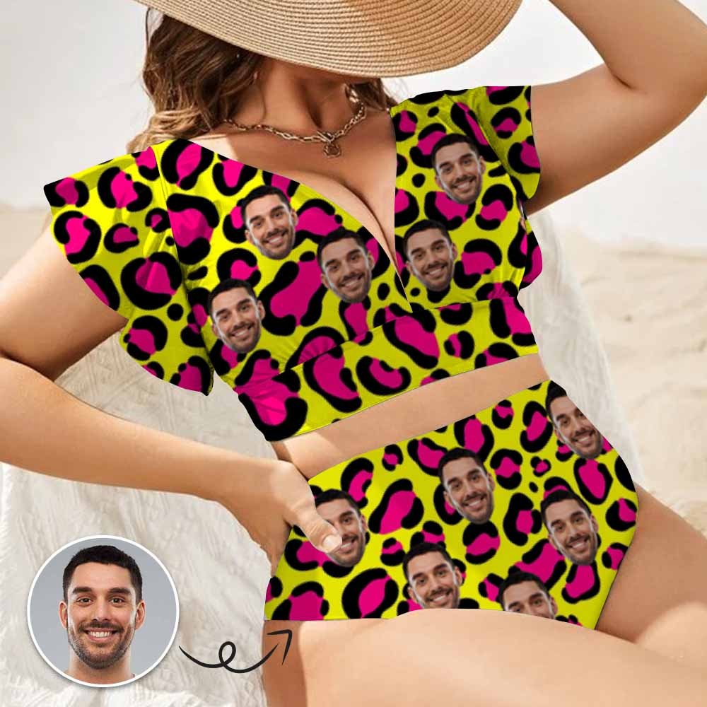 Custom #Plus Size Custom Face Yellow and Pink Leopard Women Ruffle High Waisted Flounce Bikini Set Two Pieces Swimsuit Beachwear - YesCustom