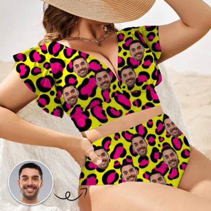 Custom #Plus Size Custom Face Yellow and Pink Leopard Women Ruffle High Waisted Flounce Bikini Set Two Pieces Swimsuit Beachwear - YesCustom