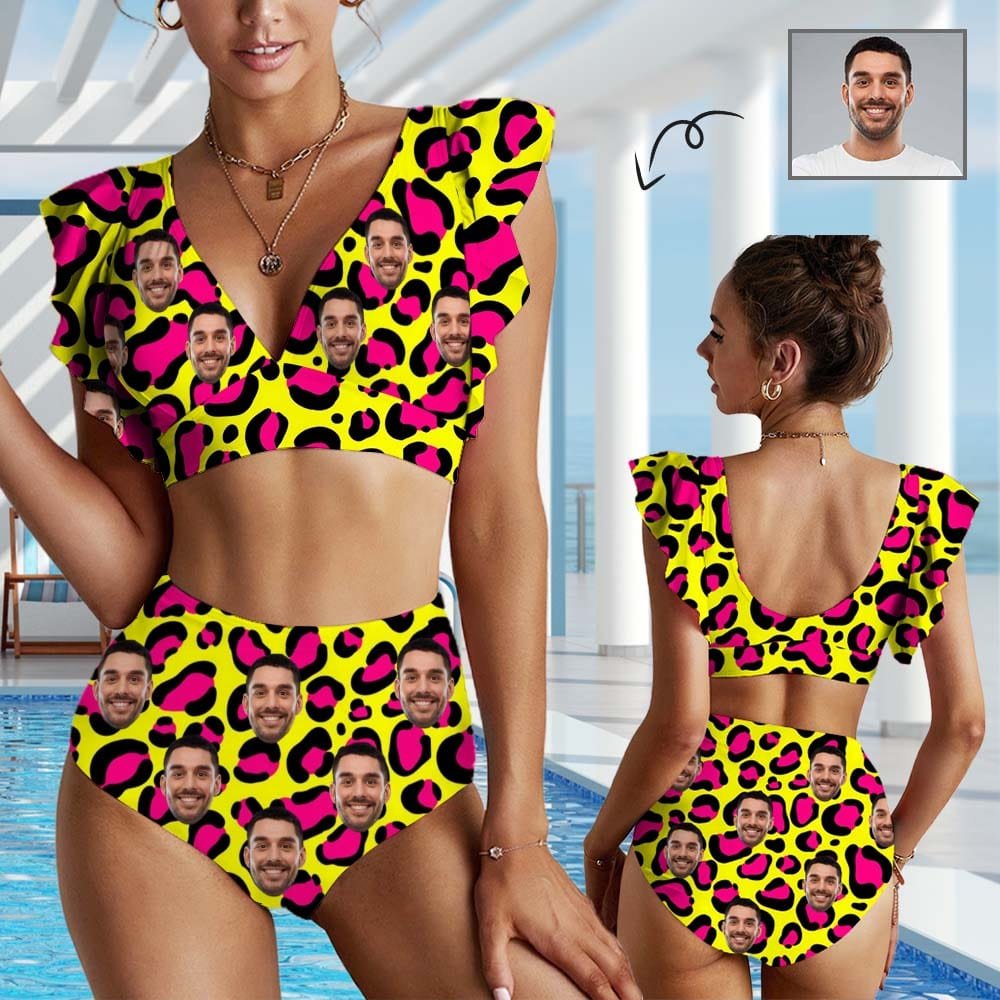 Custom #Plus Size Custom Face Yellow and Pink Leopard Women Ruffle High Waisted Flounce Bikini Set Two Pieces Swimsuit Beachwear - YesCustom