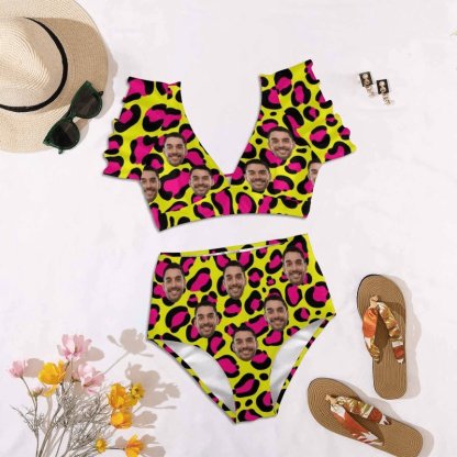 Custom #Plus Size Custom Face Yellow and Pink Leopard Women Ruffle High Waisted Flounce Bikini Set Two Pieces Swimsuit Beachwear - YesCustom