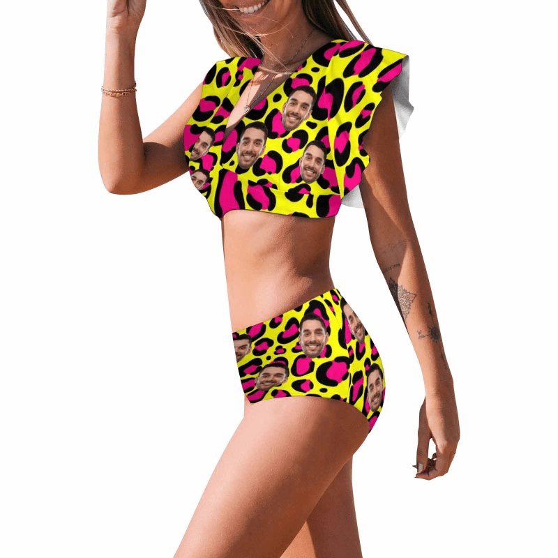 Custom #Plus Size Custom Face Yellow and Pink Leopard Women Ruffle High Waisted Flounce Bikini Set Two Pieces Swimsuit Beachwear - YesCustom