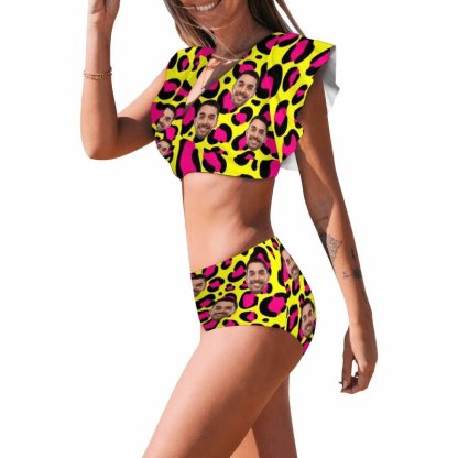 Custom #Plus Size Custom Face Yellow and Pink Leopard Women Ruffle High Waisted Flounce Bikini Set Two Pieces Swimsuit Beachwear - YesCustom