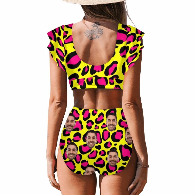 Custom #Plus Size Custom Face Yellow and Pink Leopard Women Ruffle High Waisted Flounce Bikini Set Two Pieces Swimsuit Beachwear - YesCustom