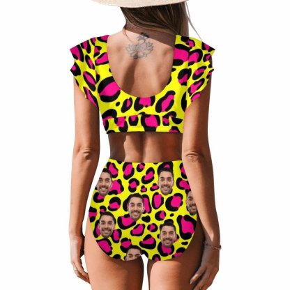 Custom #Plus Size Custom Face Yellow and Pink Leopard Women Ruffle High Waisted Flounce Bikini Set Two Pieces Swimsuit Beachwear - YesCustom