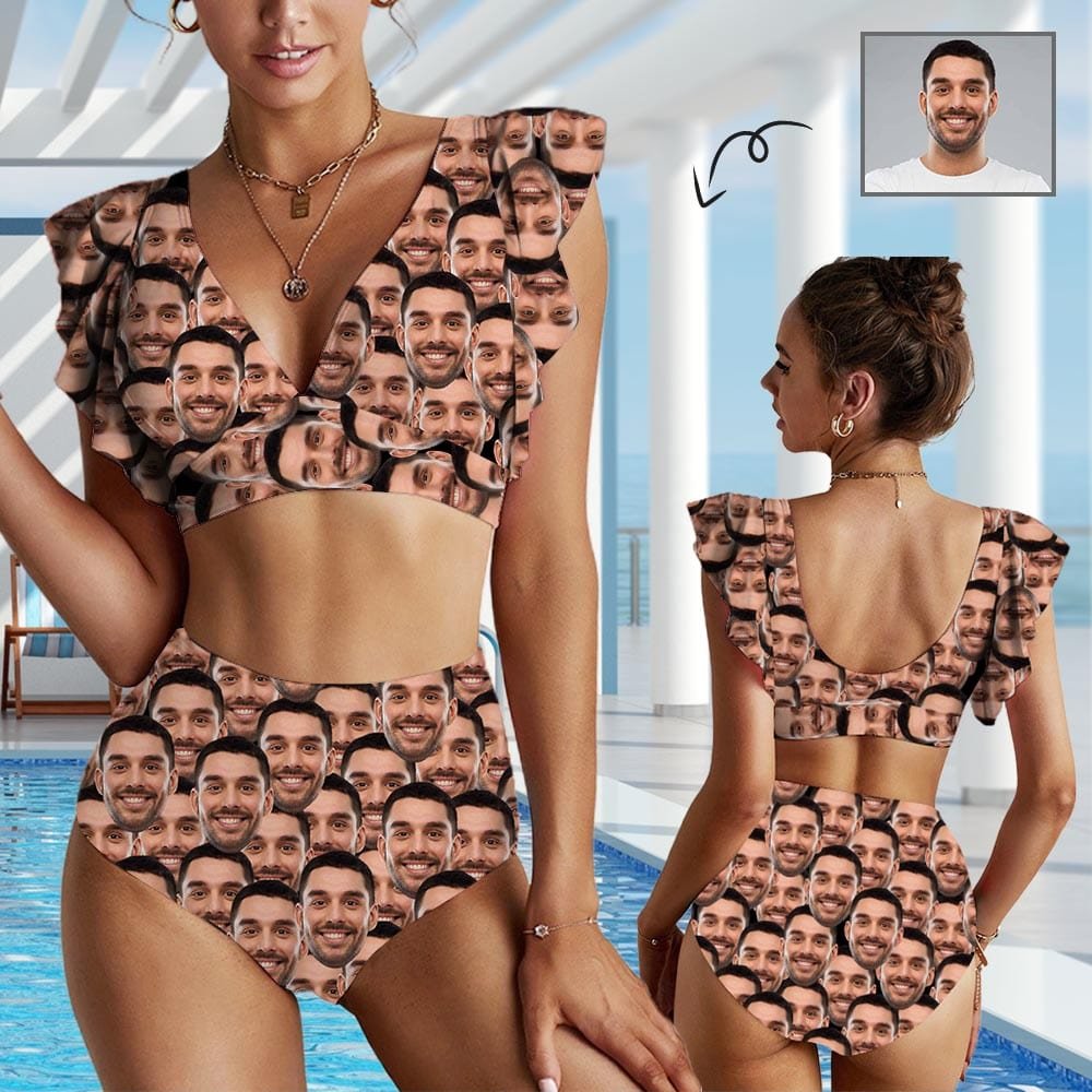 Custom #Plus Size Custom Seamless Face Women Ruffle High Waisted Flounce Bikini Set Two Pieces Swimsuit Beachwear - YesCustom