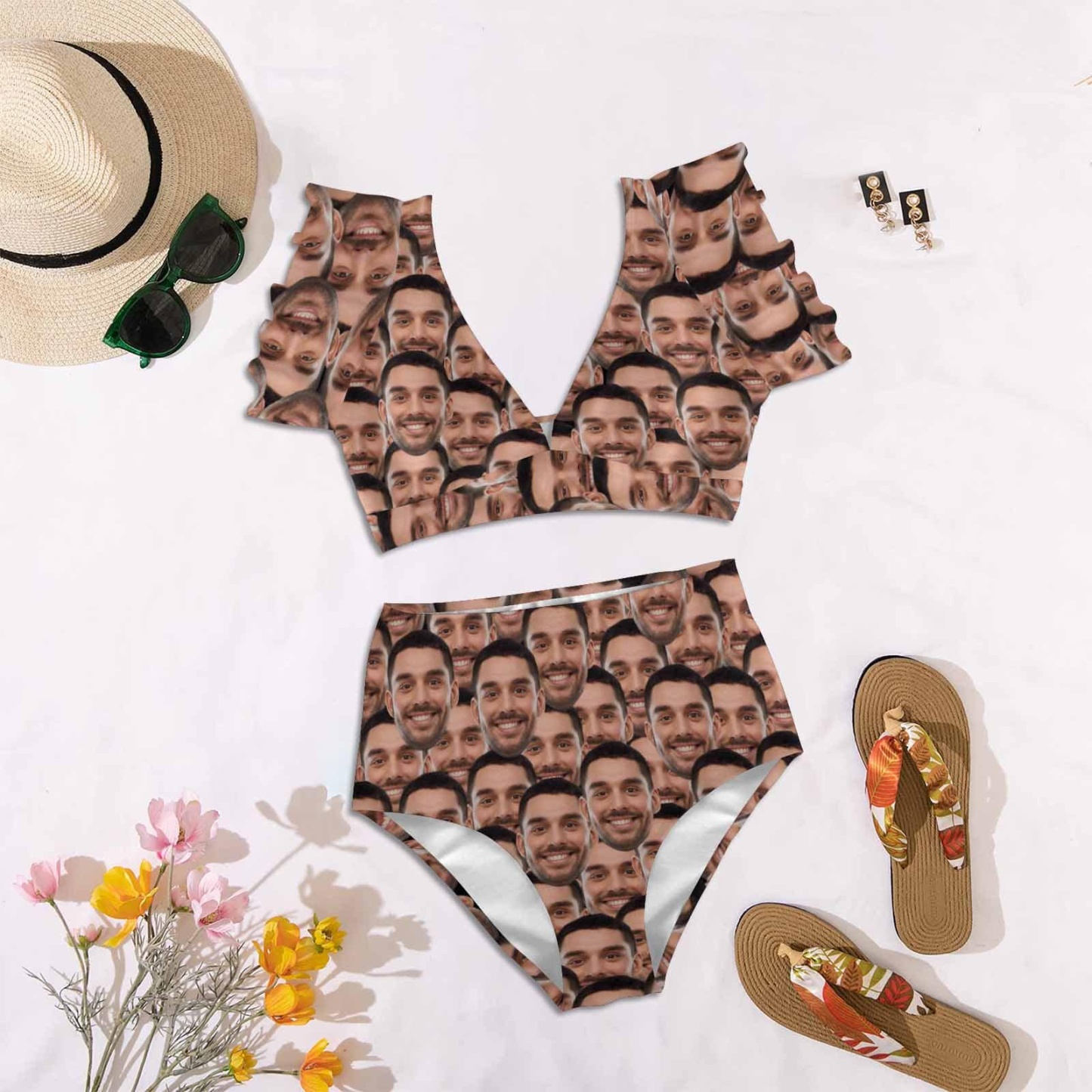 Custom #Plus Size Custom Seamless Face Women Ruffle High Waisted Flounce Bikini Set Two Pieces Swimsuit Beachwear - YesCustom