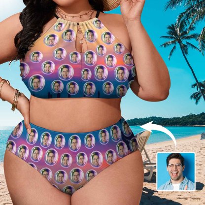 Custom #Plus Size Halter Bikini-Custom Face Bubble Gradient Plus Size Swimsuit High Neck Cutout High Waisted Bikini Personalized Women's Two Piece Swimsuit Beach Outfits - YesCustom
