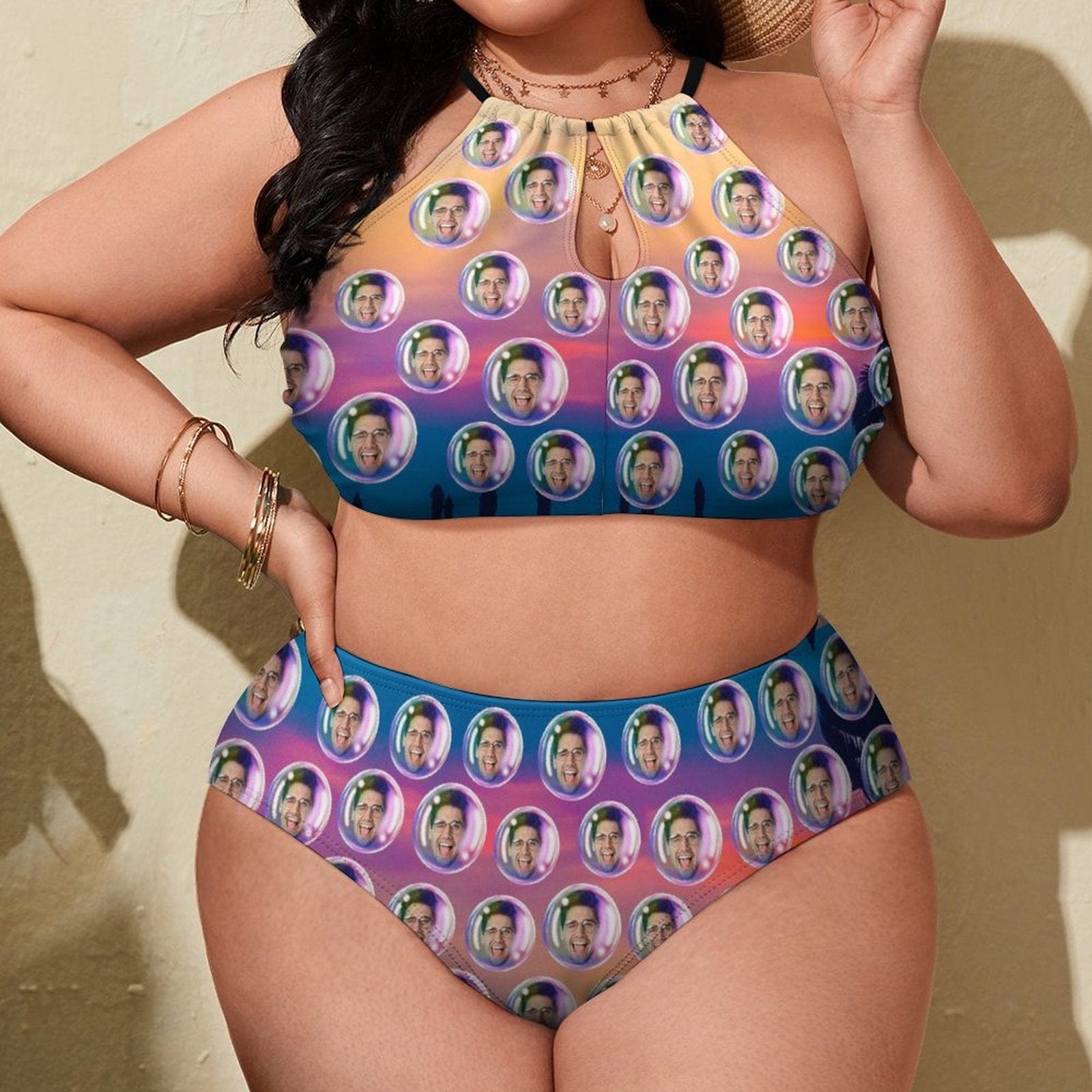 Custom #Plus Size Halter Bikini-Custom Face Bubble Gradient Plus Size Swimsuit High Neck Cutout High Waisted Bikini Personalized Women's Two Piece Swimsuit Beach Outfits - YesCustom