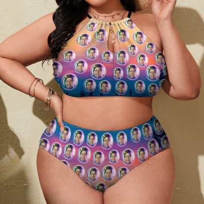 Custom #Plus Size Halter Bikini-Custom Face Bubble Gradient Plus Size Swimsuit High Neck Cutout High Waisted Bikini Personalized Women's Two Piece Swimsuit Beach Outfits - YesCustom