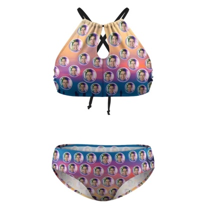 Custom #Plus Size Halter Bikini-Custom Face Bubble Gradient Plus Size Swimsuit High Neck Cutout High Waisted Bikini Personalized Women's Two Piece Swimsuit Beach Outfits - YesCustom