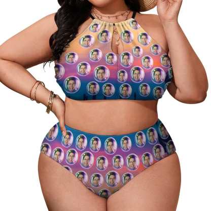 Custom #Plus Size Halter Bikini-Custom Face Bubble Gradient Plus Size Swimsuit High Neck Cutout High Waisted Bikini Personalized Women's Two Piece Swimsuit Beach Outfits - YesCustom