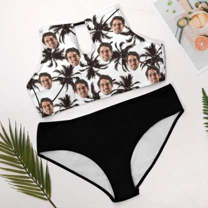 Custom #Plus Size Halter Bikini-Custom Face Coconut Tree Holiday Style Plus Size Swimsuit High Neck Cutout High Waisted Bikini Personalized Women's Two Piece Swimsuit Beach Outfits - YesCustom