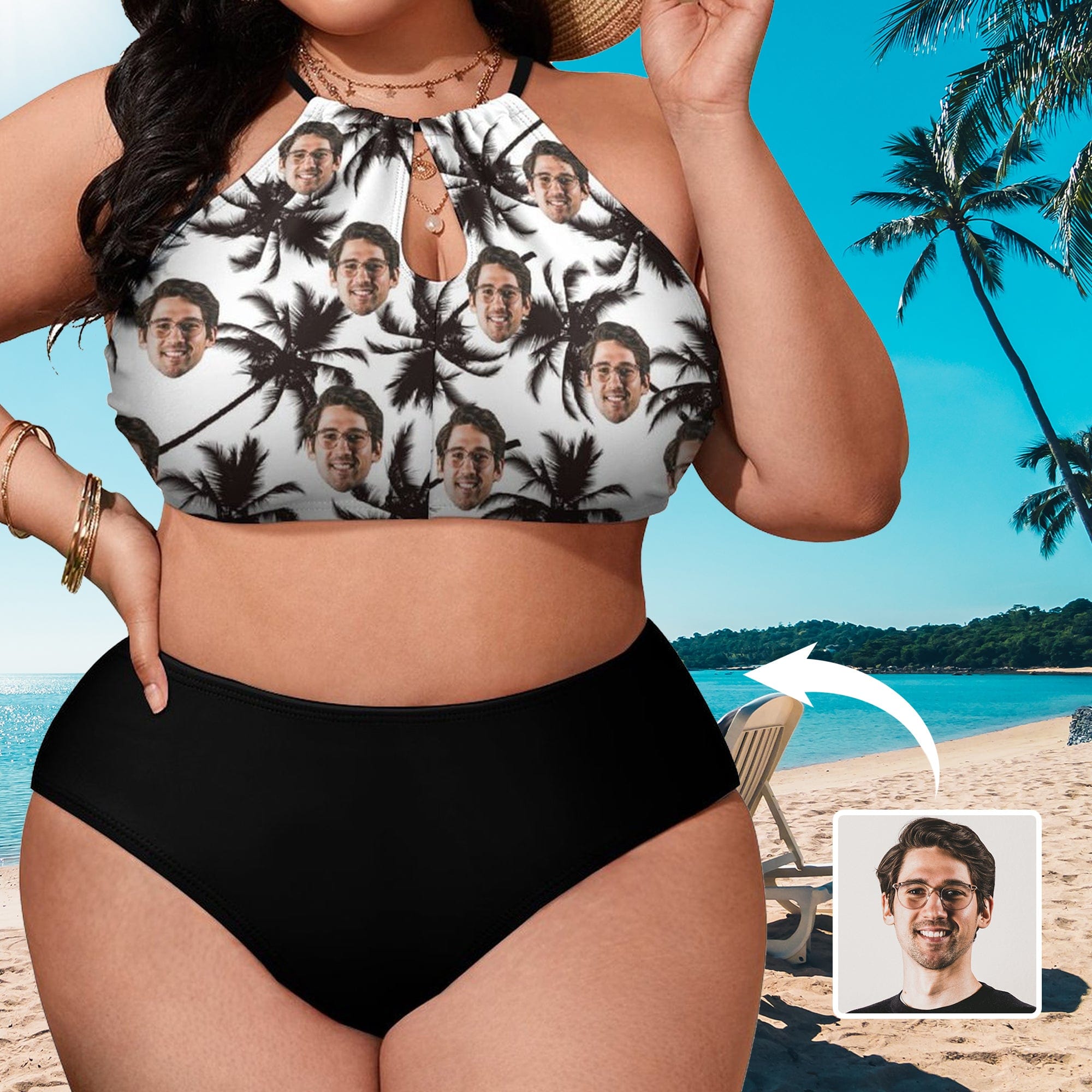 Custom #Plus Size Halter Bikini-Custom Face Coconut Tree Holiday Style Plus Size Swimsuit High Neck Cutout High Waisted Bikini Personalized Women's Two Piece Swimsuit Beach Outfits - YesCustom