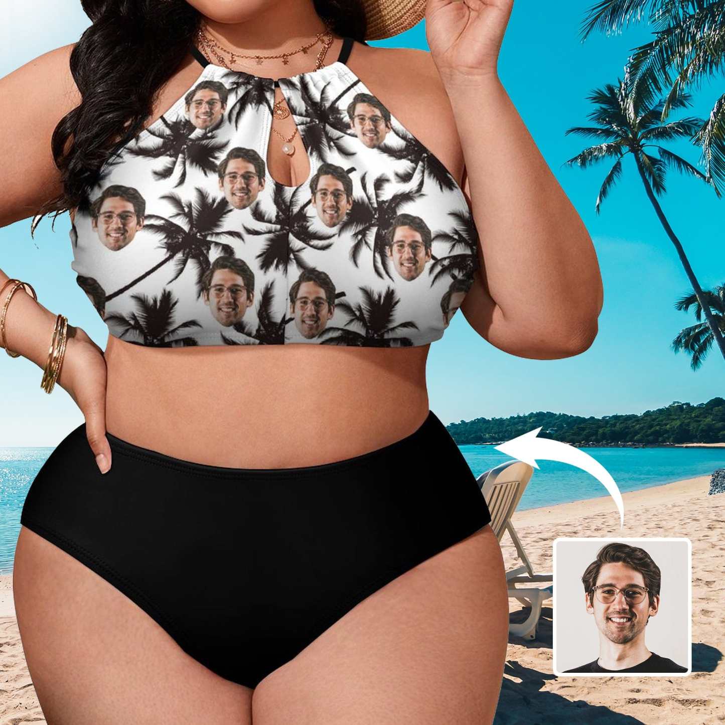 Custom #Plus Size Halter Bikini-Custom Face Coconut Tree Holiday Style Plus Size Swimsuit High Neck Cutout High Waisted Bikini Personalized Women's Two Piece Swimsuit Beach Outfits - YesCustom