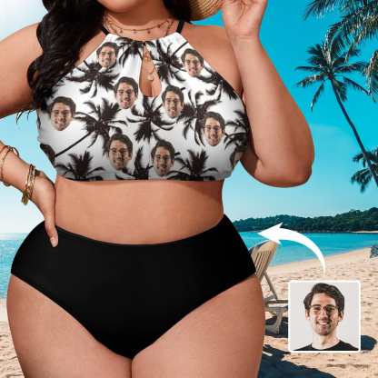 Custom #Plus Size Halter Bikini-Custom Face Coconut Tree Holiday Style Plus Size Swimsuit High Neck Cutout High Waisted Bikini Personalized Women's Two Piece Swimsuit Beach Outfits - YesCustom