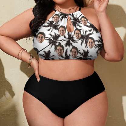 Custom #Plus Size Halter Bikini-Custom Face Coconut Tree Holiday Style Plus Size Swimsuit High Neck Cutout High Waisted Bikini Personalized Women's Two Piece Swimsuit Beach Outfits - YesCustom