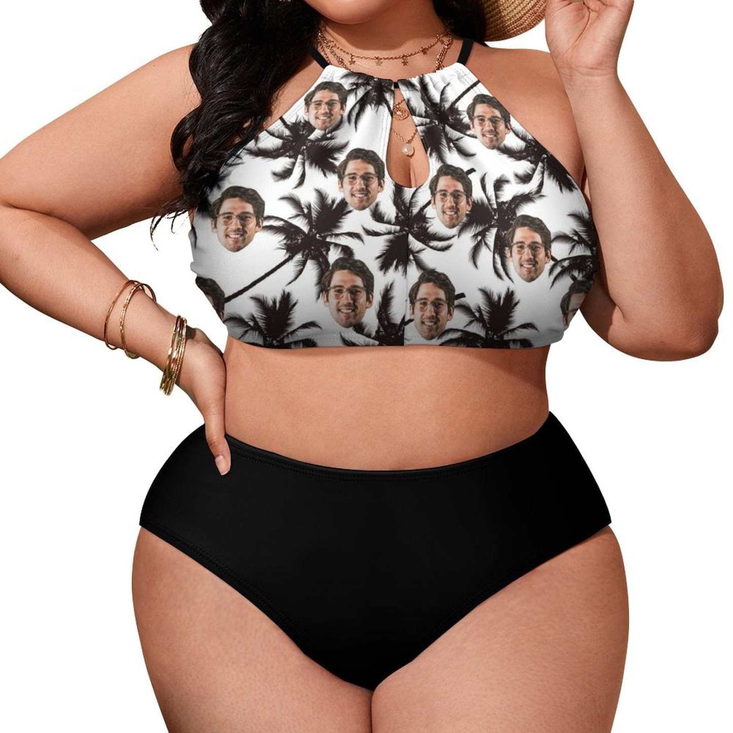 Custom #Plus Size Halter Bikini-Custom Face Coconut Tree Holiday Style Plus Size Swimsuit High Neck Cutout High Waisted Bikini Personalized Women's Two Piece Swimsuit Beach Outfits - YesCustom
