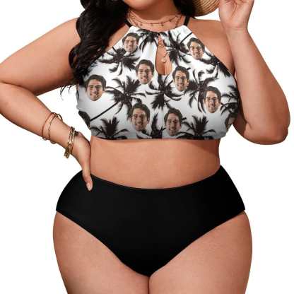 Custom #Plus Size Halter Bikini-Custom Face Coconut Tree Holiday Style Plus Size Swimsuit High Neck Cutout High Waisted Bikini Personalized Women's Two Piece Swimsuit Beach Outfits - YesCustom