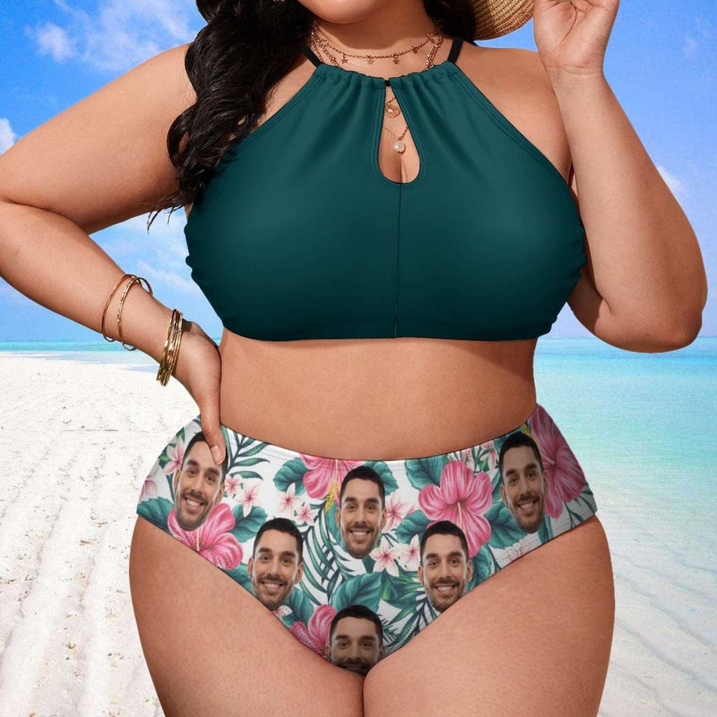 Custom #Plus Size Halter Bikini-Custom Face Green High Neck Cutout Plus Size Swimsuit High Waisted Bikini Personalized Women's Two Piece Swimsuit Beach Outfits - YesCustom