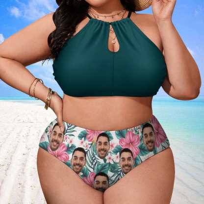 Custom #Plus Size Halter Bikini-Custom Face Green High Neck Cutout Plus Size Swimsuit High Waisted Bikini Personalized Women's Two Piece Swimsuit Beach Outfits - YesCustom