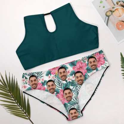 Custom #Plus Size Halter Bikini-Custom Face Green High Neck Cutout Plus Size Swimsuit High Waisted Bikini Personalized Women's Two Piece Swimsuit Beach Outfits - YesCustom