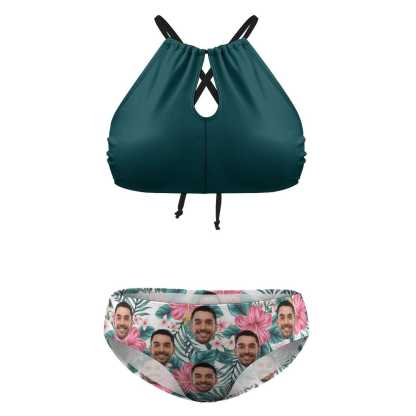 Custom #Plus Size Halter Bikini-Custom Face Green High Neck Cutout Plus Size Swimsuit High Waisted Bikini Personalized Women's Two Piece Swimsuit Beach Outfits - YesCustom
