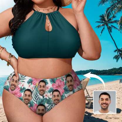 Custom #Plus Size Halter Bikini-Custom Face Green High Neck Cutout Plus Size Swimsuit High Waisted Bikini Personalized Women's Two Piece Swimsuit Beach Outfits - YesCustom