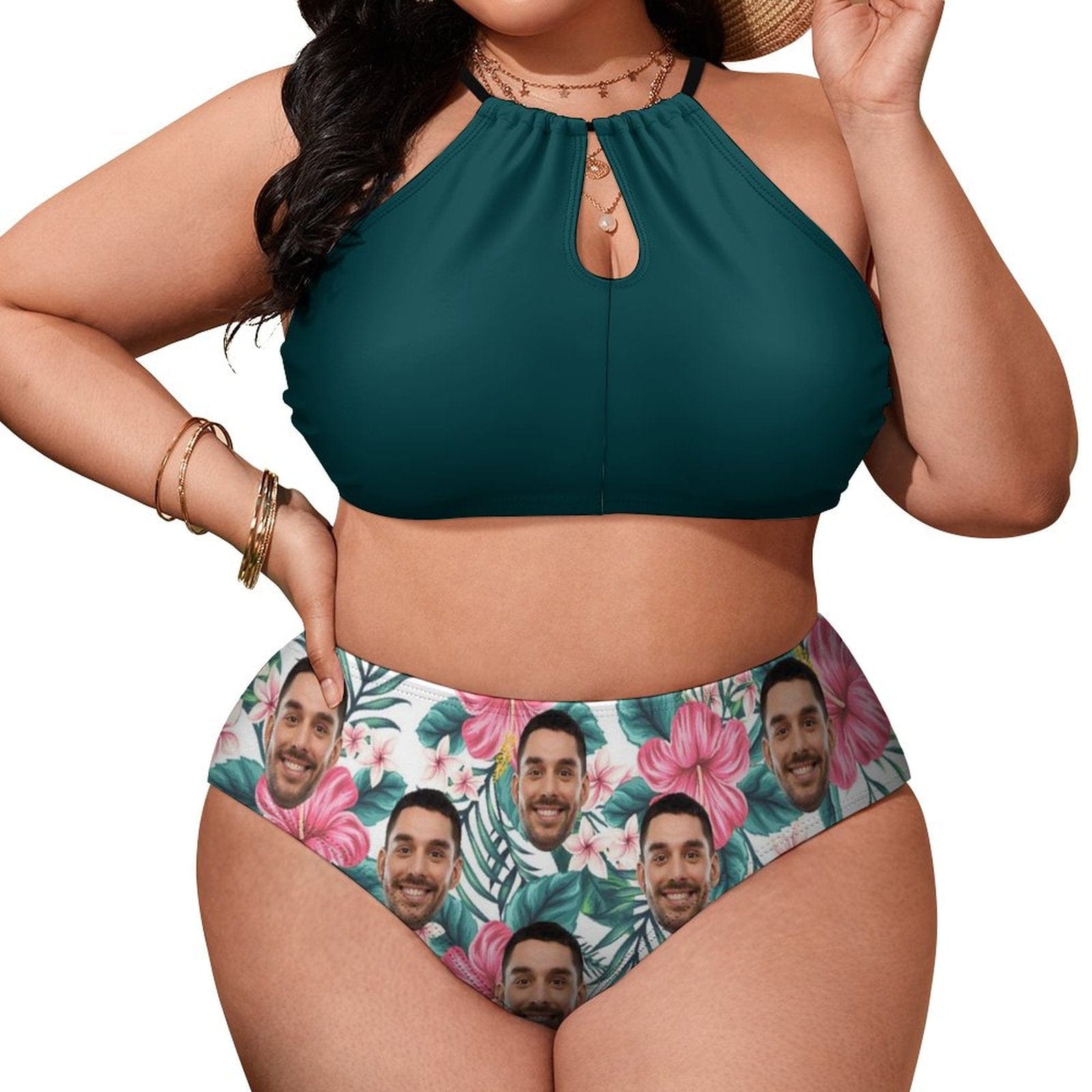 Custom #Plus Size Halter Bikini-Custom Face Green High Neck Cutout Plus Size Swimsuit High Waisted Bikini Personalized Women's Two Piece Swimsuit Beach Outfits - YesCustom