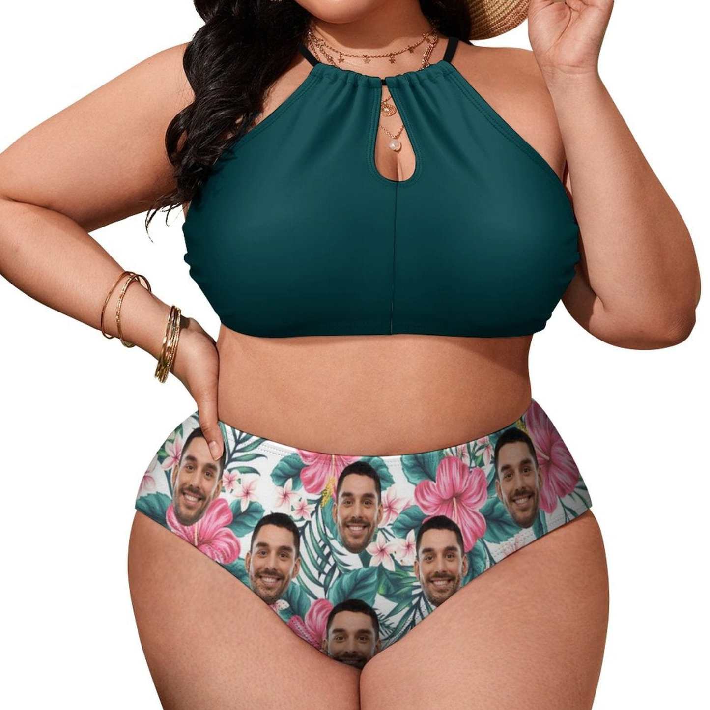 Custom #Plus Size Halter Bikini-Custom Face Green High Neck Cutout Plus Size Swimsuit High Waisted Bikini Personalized Women's Two Piece Swimsuit Beach Outfits - YesCustom