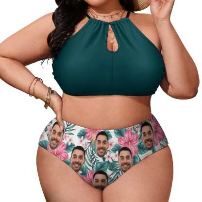 Custom #Plus Size Halter Bikini-Custom Face Green High Neck Cutout Plus Size Swimsuit High Waisted Bikini Personalized Women's Two Piece Swimsuit Beach Outfits - YesCustom