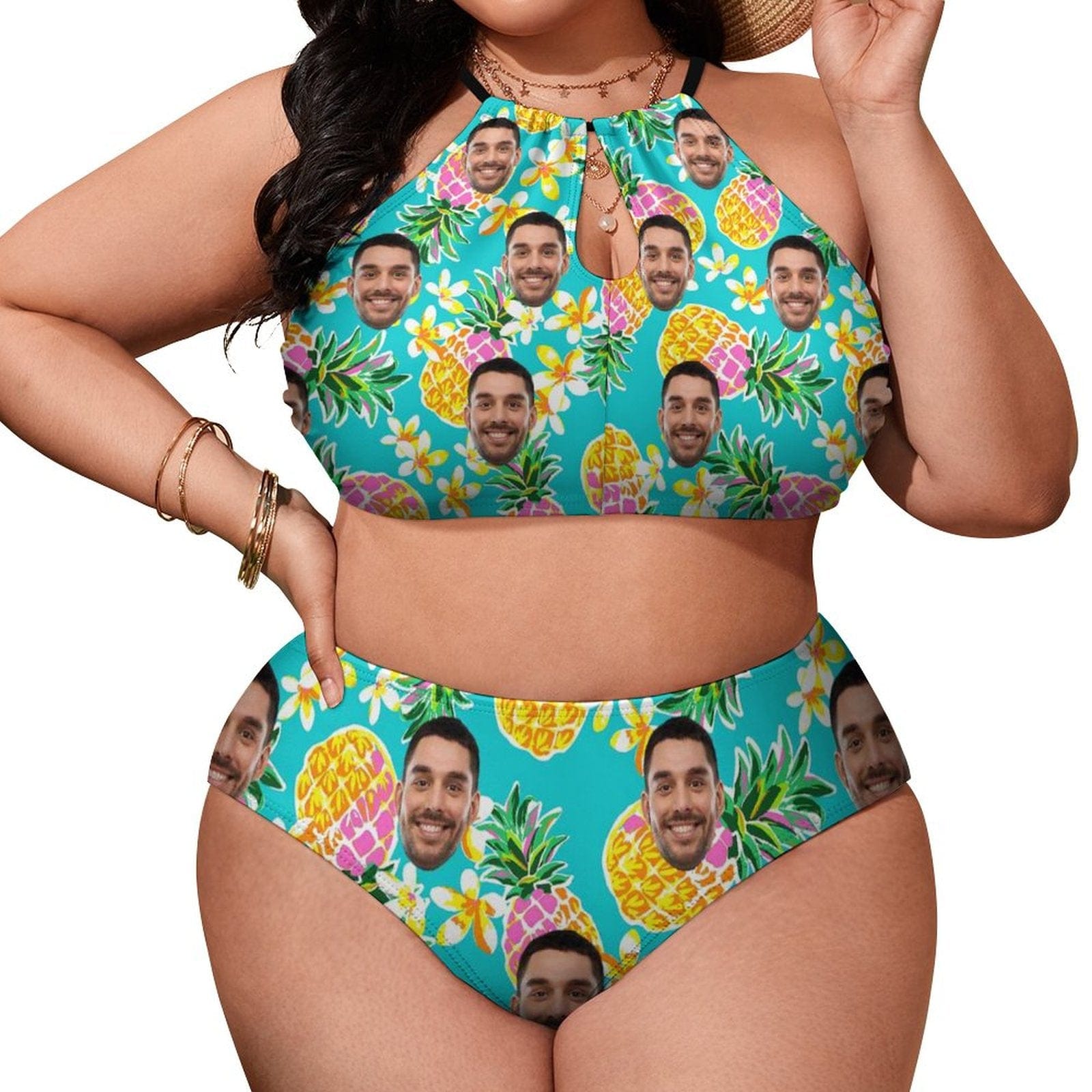 Custom #Plus Size Halter Bikini-Custom Face Hawaiian Plus Size Swimsuit High Neck Cutout High Waisted Bikini Personalized Women's Two Piece Swimsuit Beach Outfits - YesCustom