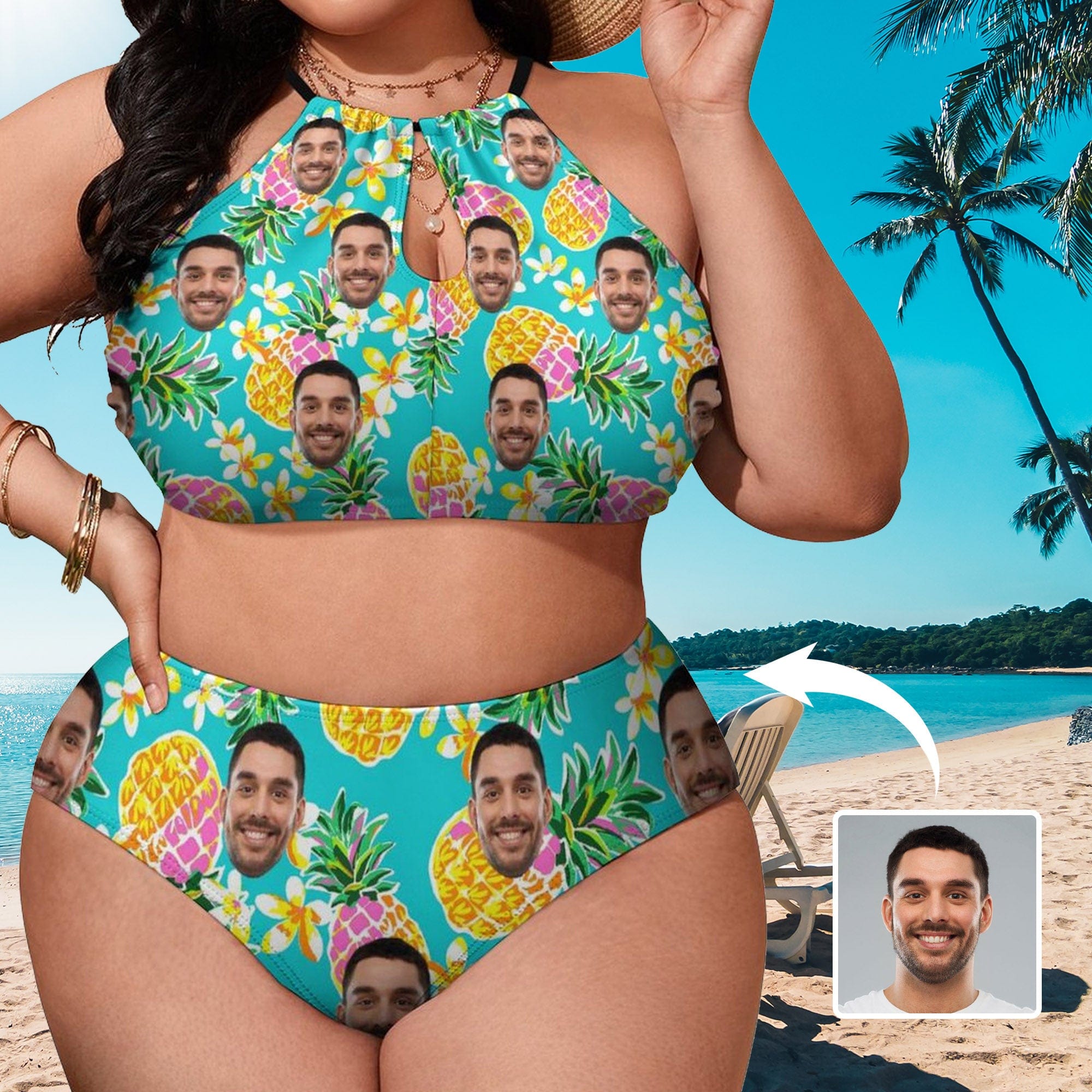 Custom #Plus Size Halter Bikini-Custom Face Hawaiian Plus Size Swimsuit High Neck Cutout High Waisted Bikini Personalized Women's Two Piece Swimsuit Beach Outfits - YesCustom