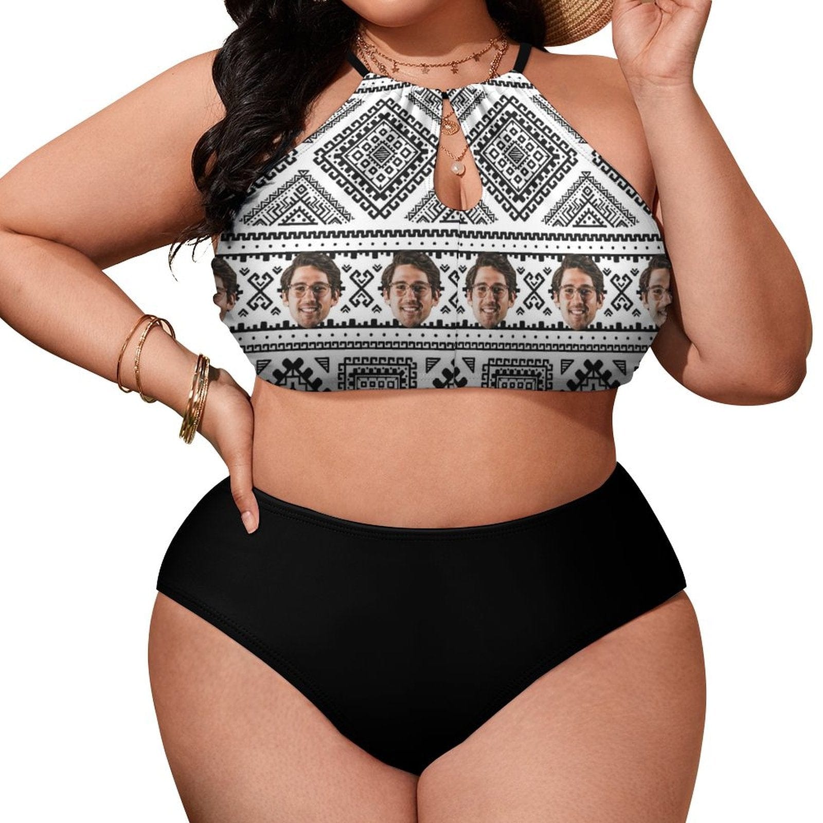Custom #Plus Size Halter Bikini-Custom Face Holiday Style Plus Size Swimsuit High Neck Cutout High Waisted Bikini Personalized Women's Two Piece Swimsuit Beach Outfits - YesCustom