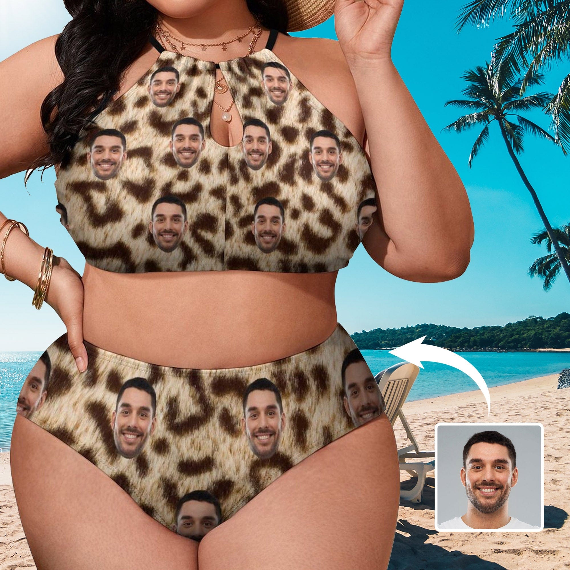 Custom #Plus Size Halter Bikini-Custom Face Leopard Plus Size Swimsuit High Neck Cutout High Waisted Bikini Personalized Women's Two Piece Swimsuit Beach Outfits - YesCustom